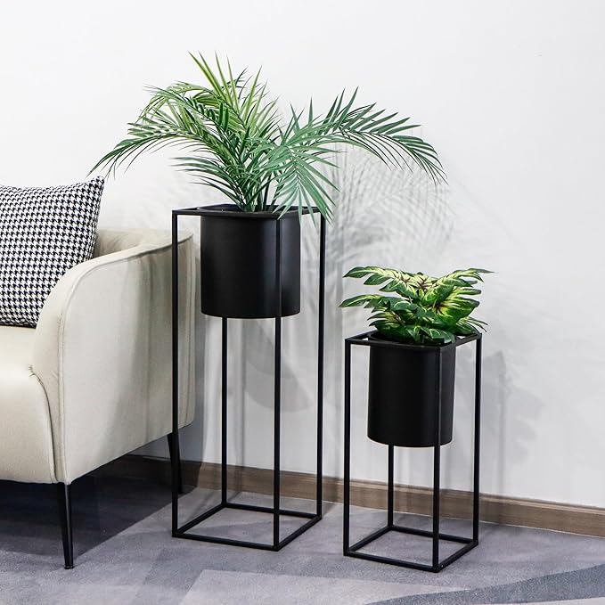 TRIROCKS Set of 2 Planters with Stand Large Metal Planter for Indoor Plants 28 &18" H Plant Pots for Living Room Corner Kitchen Office Garden Balcony Patio Decor(Black)