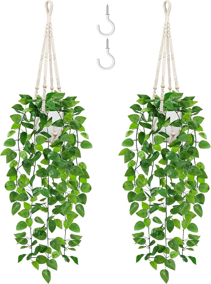 USLAI Fake Hanging Plant, Artificial Pothos Vines Greenery with Pot and Macrame Plant Hanger for Indoor Outdoor Boho Decor