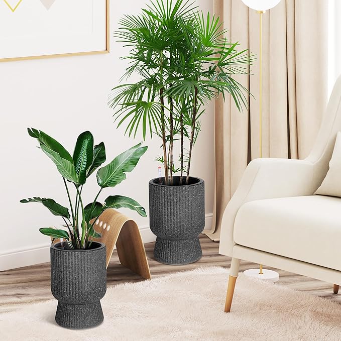 IDEALHOUSE Self Watering Planters Set of 2, 14.2 Inch Tall Outdoor/Indoor Flower Pots with Water Level Indicator, Large Modern Planter with Hidden Reservoir for Patio, Porch, Balcony,Black