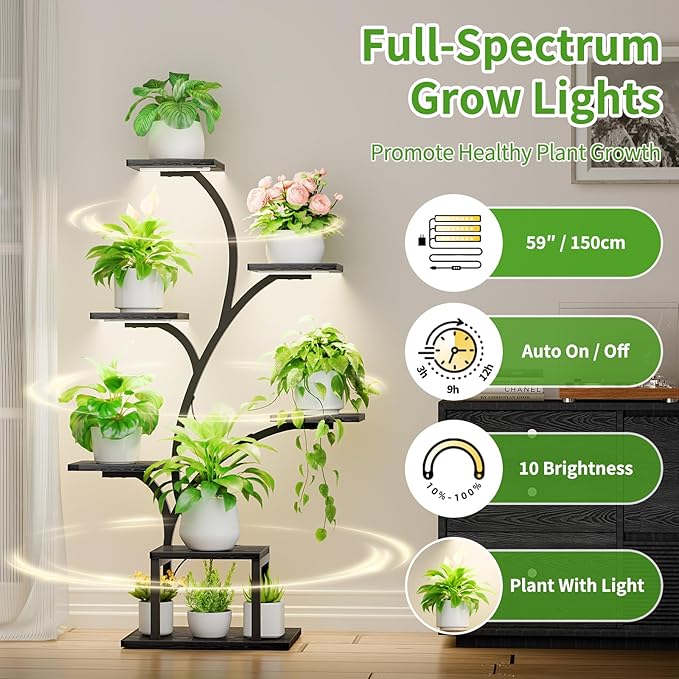 BACEKOLL Plant Stand Indoor with Grow Lights, 7 Tiered Indoor Plant Shelf, 49" Corner Plant Stands for Indoor Plants, Metal Plant Flower Display Shelf, Tree-Shaped Plant Rack for Home, Black