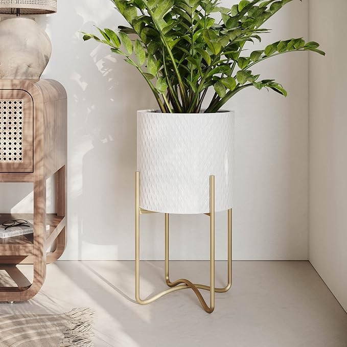 EverNest Claire Mid-Century Modern White Plant Pot with Ambrose Stand, SelectBase, Indoor Plant Pot, Bohemian Style, Minimalist Plant Home Décor (Large, Gold)