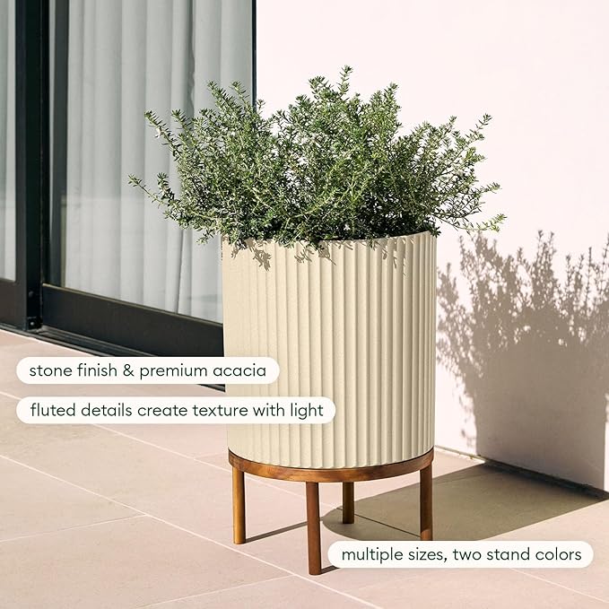 Veradek Demi Series Round Planter w/Stand for Porch/Patio | Durable Plastic-Stone Composite & Wooden Stand | Modern Décor for Tall Plants, Flowers