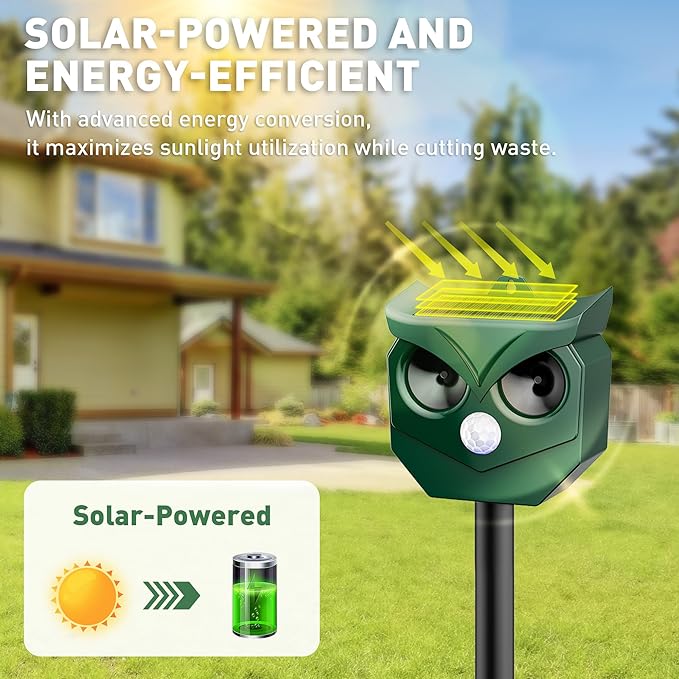 Ultrasonic Animal Repeller with LED Strobe Lights - Outdoor Solar Powered for Squirrels, Deer, Raccoons, Rabbits, Skunks, Cats, Dogs - Protects Garden, Yard, Lawn, Farm & Crops