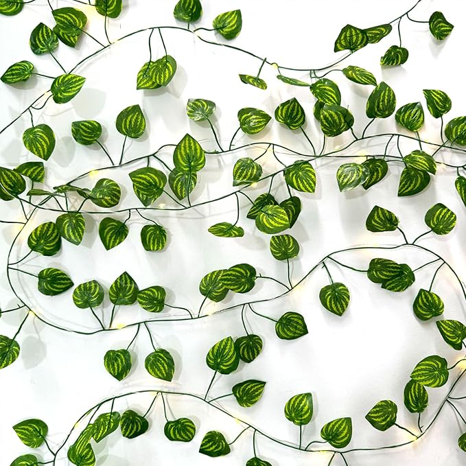 6 Pcs Artificial Hanging Plants Watermelon Leaf Vines With 60 Warm Lights,Watermelon Vine Leaves,Fake Plant Vine Hanging Garland for Wall,Party Wedding,Home,Kitchen,Indoor and Outdoor Decoration