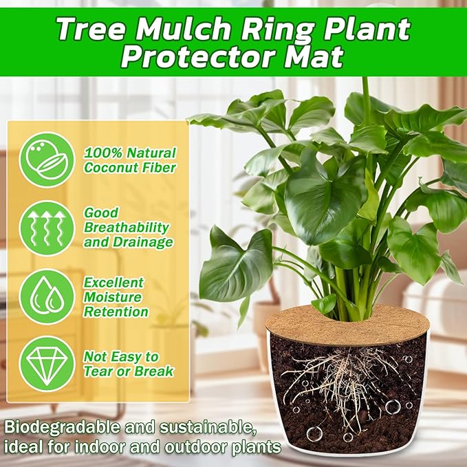 Legigo 4pcs Coconut Fiber Mulch Ring Tree Plant Protector Mat, 14 Inch Natural Coco Coir Tree Mulch Ring Plant Pot Soil Cover, Tree Rings Disc Plant Cover for Indoor Outdoor Plants, Landscaping