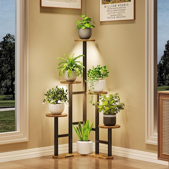 Yzosvki Corner Plant Stand Indoor with Grow Lights, 6 Tiered Corner Plant Shelf Flower Stand for Multiple Plants, Plant Shelves Organizer Rack for Living Room, Balcony, Patio, Round Rustic Brown