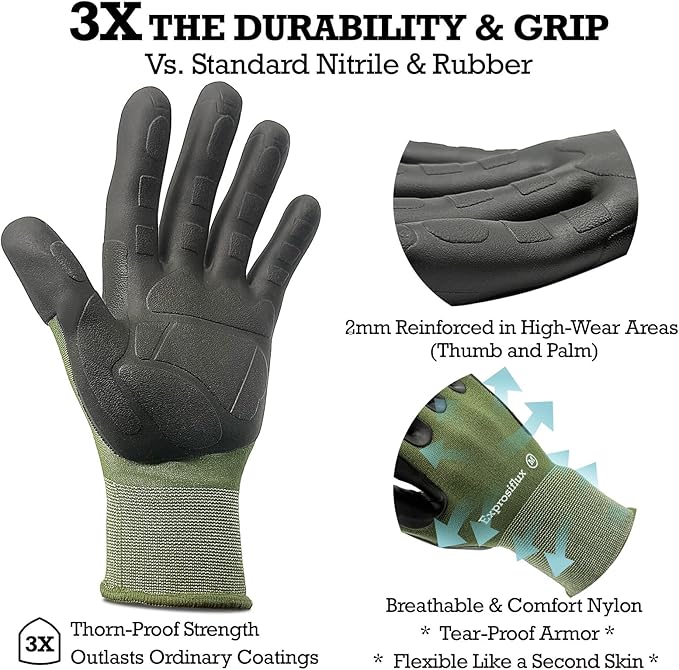2 Pairs Thickened Non-Slip Gardening Gloves, Recyclable TPE Coating, Durable Breathable Work Gloves for Weeding, Planting, Landscaping & Yard Work, Universal Fit, Olive Green