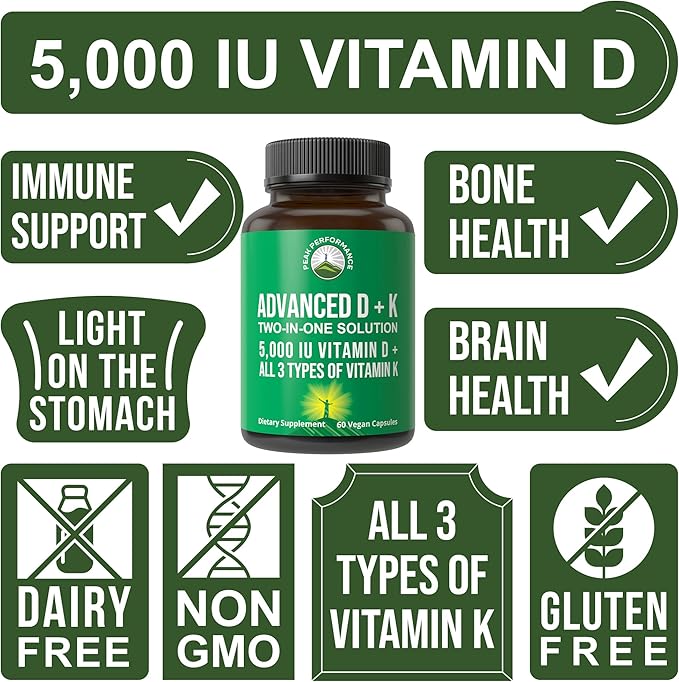 Peak Performance Advanced Vitamin D 5000 IU with All 3 Types of Vitamin K Vitamin D3 and Vitamin K2, K1, MK-7 (MK7), MK4 Supplement - 60 Small and Easy to Swallow Vegetable Pills