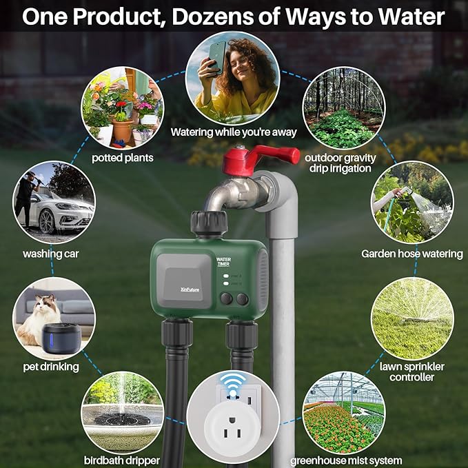 Smart Sprinkler Timer 2 Zone with Gateway, WiFi Water Timer with Rain Delay, Manual& Automatic Watering System for Garden Hose Faucet, App& Voice Control, Outdoor Hose for Yards Lawns
