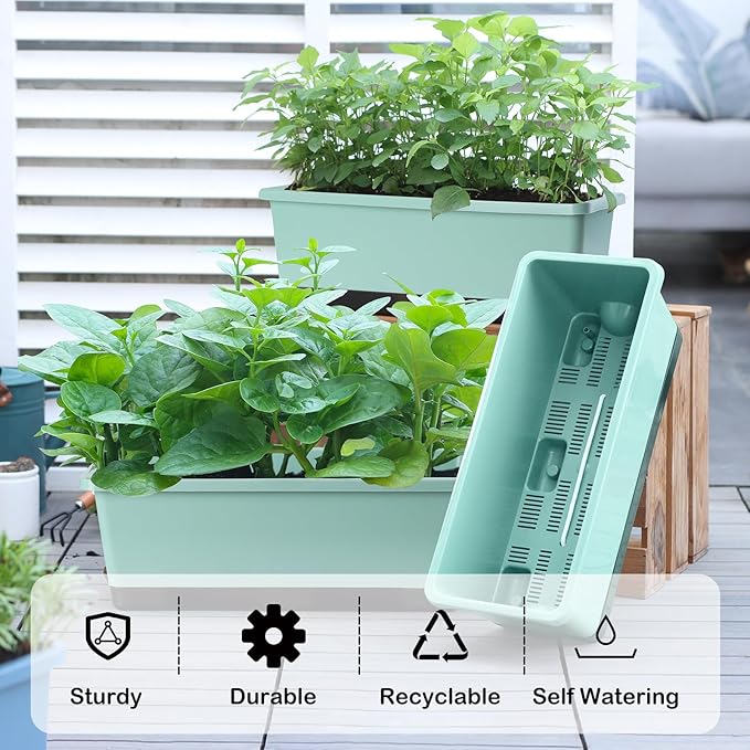 Oliz Window Box Planter 8 Pcs, 17 Inches Rectangle Flower Pots with Drainage Holes & Trays, Vegetable Planters for Windowsill Patio Garden Balcony Home Indoor Outdoor (Green, 16 * 7 * 6 inch)