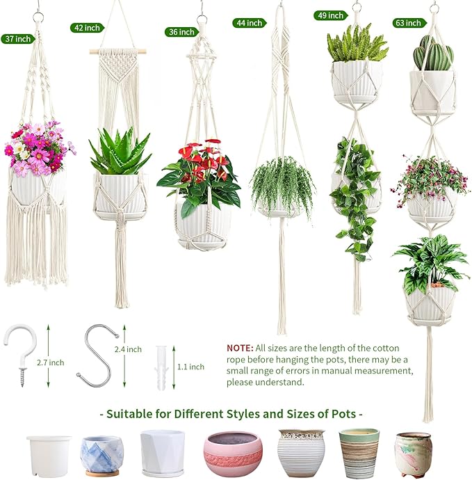 SFENNGPET Macrame Plant Hangers, 6Pack Hanging Planters for Indoor Plants w/ 6 Set Hangers Kit Handmade Macromay Plant Hangers Indoor Flower Pots Holder Stand for Boho Home Décor (POTS NOT Included)
