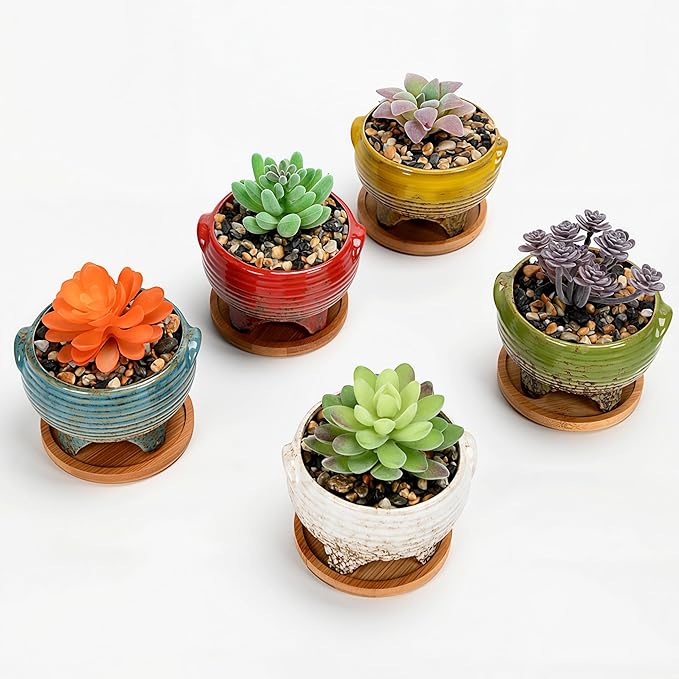 Cute Circular Ceramic Home Garden Decoration Succulent Cactus Flower Pots Container with Bamboo Tray -Plant Not Included (White, 4.02 Inch)