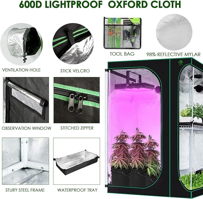 Lovinouse 2 in 1 Mylar Hydroponic Grow Tent, 36 x 24 x 53 inch Indoor Growing System with Observation Window, Tool Bag, Grow Tent Kit for Vegetables, Flowers