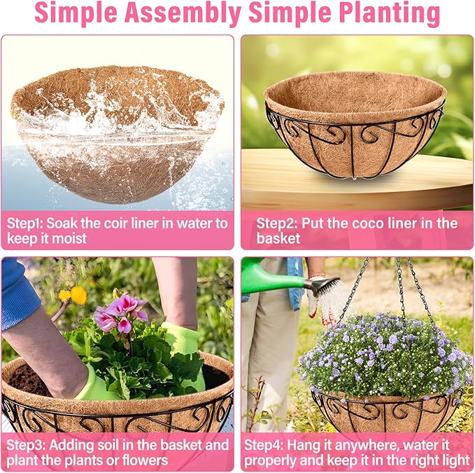Legigo 6 Pack 14 Inch Metal Hanging Baskets for Plants Outdoor- Round Wire Hanging Planters Basket with Coconut Coir Liner, Hanging Flower Pot for Outdoor Plants Flowers Garden Decorations