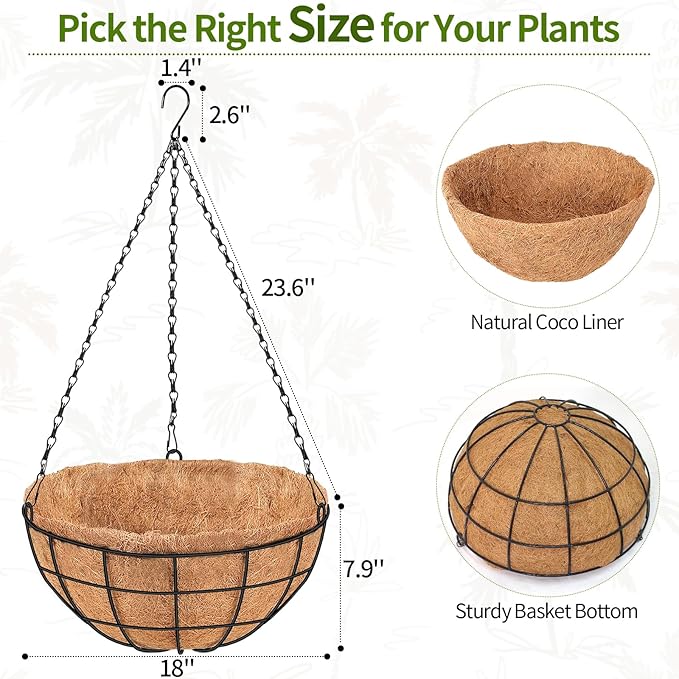 18 Inch Hanging Baskets for Plants Outdoor, 4 Pack Large Hanging Planters for Indoor Outdoor Plants, 4 Pack Round Wire Hanging Flower Pots with Coconut Coir Liners for Garden, Deck, Porch, Balcony