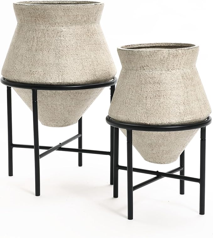 LuxenHome Planters for Indoor Plants, Set of 2 Indoor Plant Pots, Decorative Metal Planters with Stands, Distressed Cachepot Large Floor Flower Pot for Home Office, 13" & 16" Diameter, Sand Beige