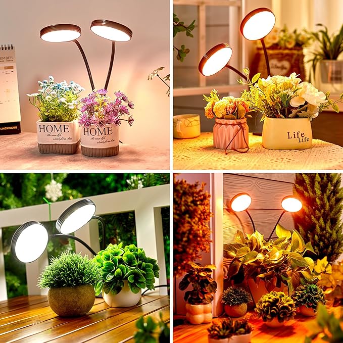 Clip on Grow Lights for Indoor Plants, Full Spectrum Plant Grow Lights, 2 Head Growing Lamp with Timer, 3 Dimmable Brightness Levels, Low Safe Voltage, Perfect for Small Plants