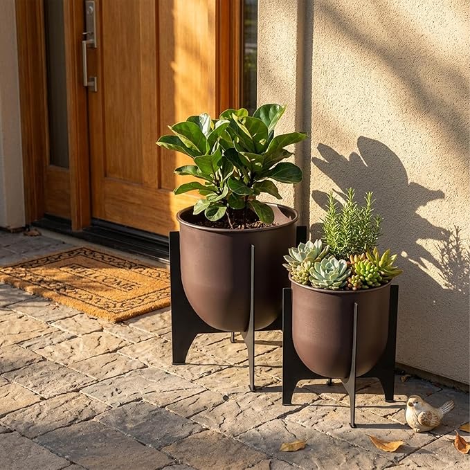 TRIROCKS Set of 2 Planters with Stand Indoor Outdoor Metal Plant Stand 11 &8.5" H Modern Planters Flower Pots for Living Room Corner Kitchen Office Garden Balcony Patio Decor (Brown)