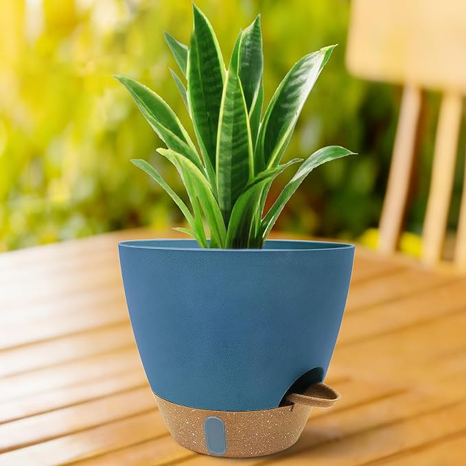 MNKXL 12"/10"/9"/8" Self Watering Pots with Visual Water Window,Extra Large Self Watering Plant Pots with Drainage Holes & Saucers,Blue Planters for Indoor Plants,4-Pack