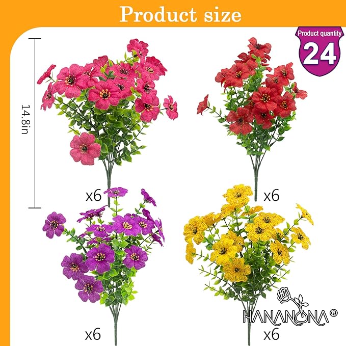 Hananona 2 Set Artificial Outdoor Flowers with Hanging Basket, 2 Hanging Planters with 24 Pcs Flowers for Spring Summer Front Porch Garden Patio Home Decor (2, Red, Purple, Yellow, Rose Red)