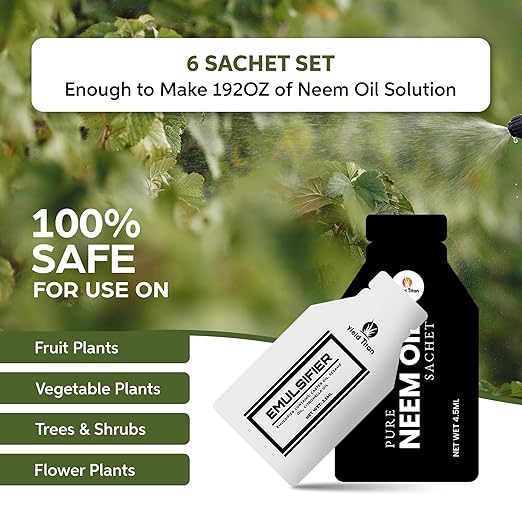 100% Pure Neem Oil Sachets (6-Sachets) with Natural Oil Emulsifier Sachet (6-Sachets) + Ready to Use Sprayer Bottle for Indoor and Outdoor Garden Plants