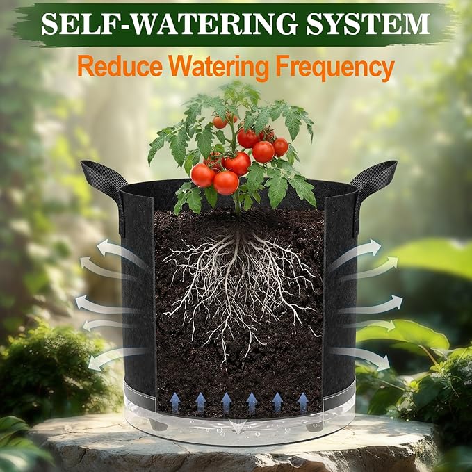 5 Pack 5 Gallon Self-Watering Grow Bags, Thick Nonwoven Fabric Pots with Support Rings and Reinforced Handles, Self-Watering Planters with Bottom Reservoir for Tomatoes Peppers Potatoes and Vegetables
