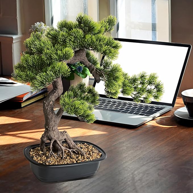 Artificial Bonsai Tree 20 Inch Tall - Realistic Faux Juniper and Pine Potted Plant, Indoor Greenery Decor for Home, Office Desk, Tabletop, and Room Decoration