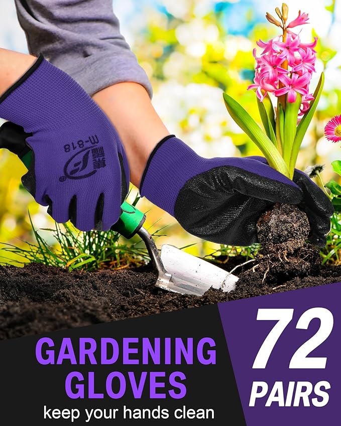 Potchen 72 Pairs Gardening Work Gloves Bulk for Men Women, Rubber Coated Garden Multipack Safety Construction Glove