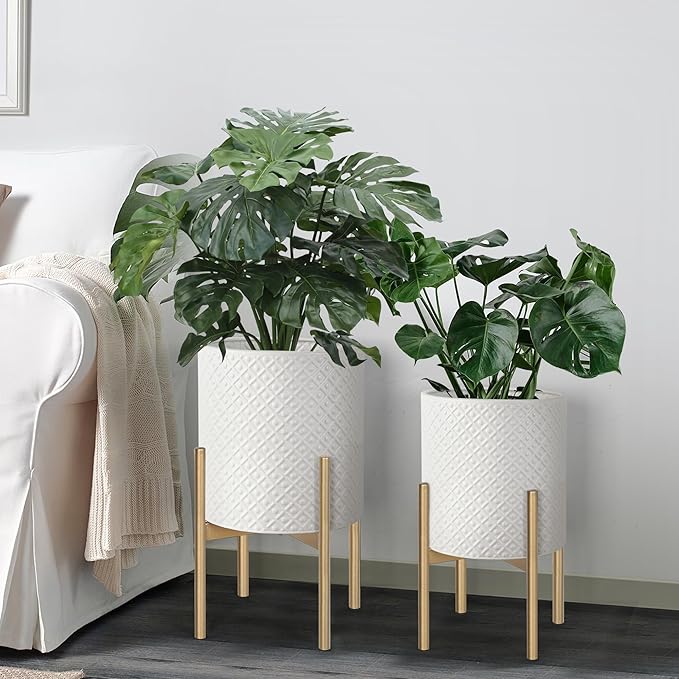 Oakrain Planters for Indoor Plants, Set of 2 Modern Planter with Stand, Decorative Metal Planter Pots for Living Room, Office, Garden, Balcony, 8"&10", Cream White
