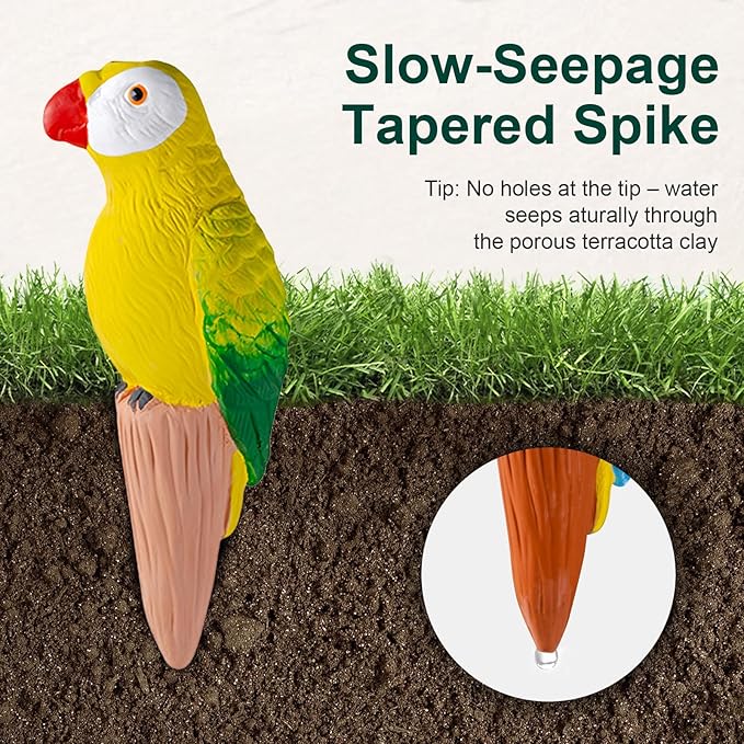 MCleanPin 4 Pack Self Watering Spikes and Globes, Handmade Terracotta Parrot Self-Watering Plant Devices with Slow Release System, Automatic Plant Water Bulbs for Indoor and Outdoor Garden Vacation