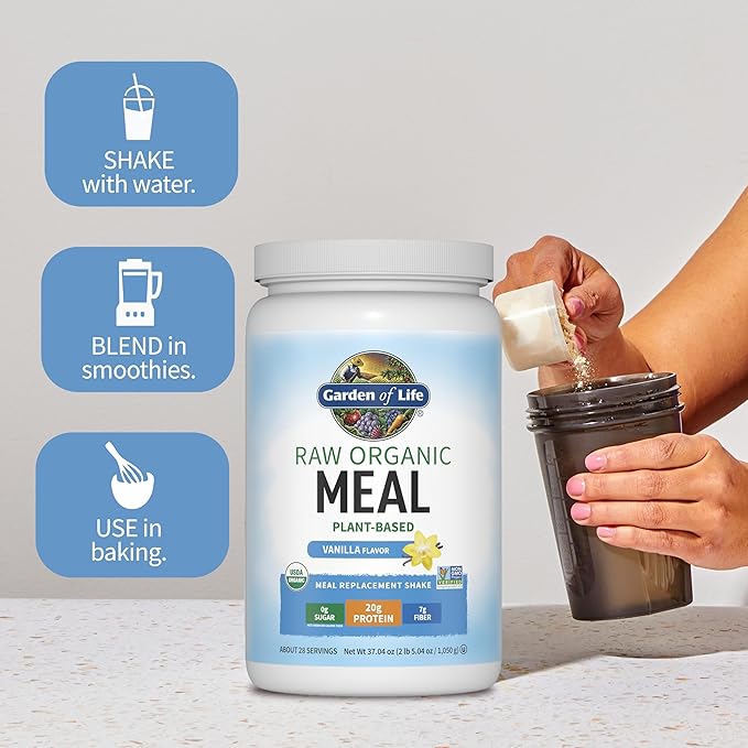 Garden of Life Meal Replacement Shakes, Raw Organic, Vanilla Protein Powder with Plant Based Pea Protein, Sprouts, Greens, Probiotics, Dairy Free 28 Servings