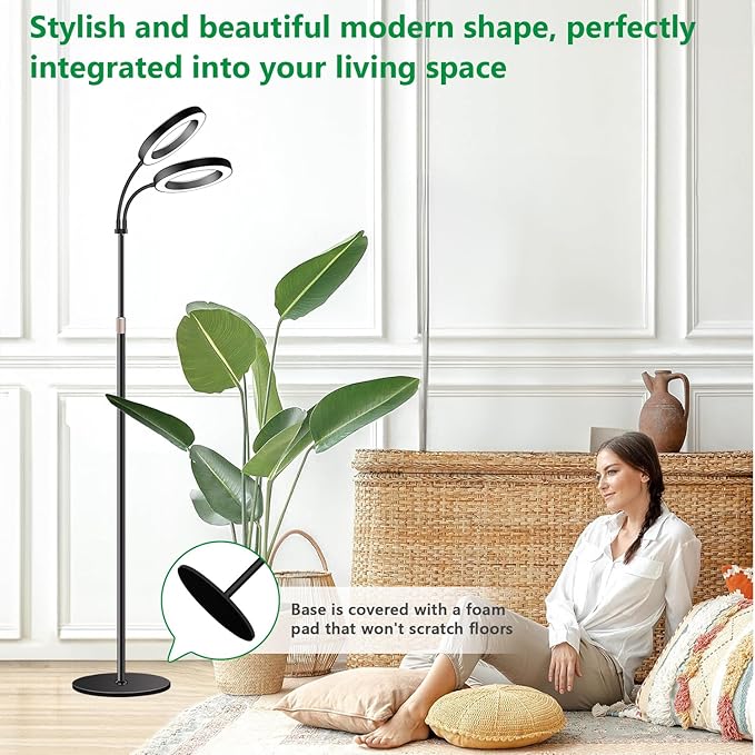 Aumtrly Large Plant Light for Indoor Plants, 2 Head Full Spectrum Grow Light with 68" Adjustable Stand for Growing Large Tall Plants, Black Halo Floor LED Grow Lamp with 16 Hour Timer