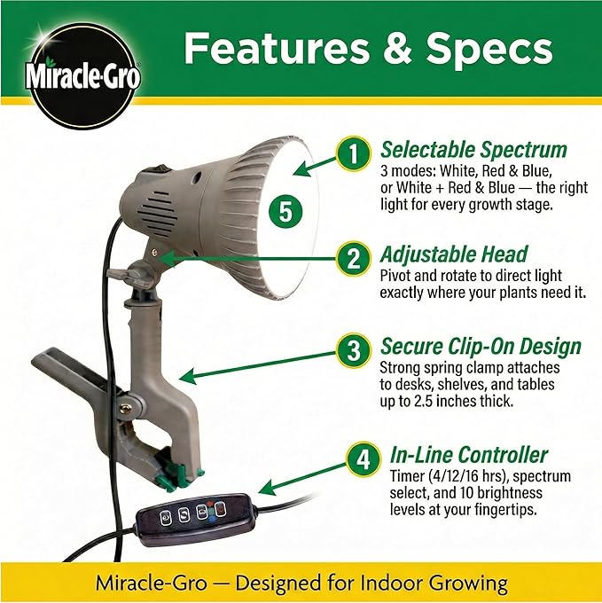Miracle-Gro Indoor Grow Light Clamp Spotlight with Controller | Full Spectrum 15W LED for Plants, Grow Lights for Indoor Plants, LED Grow Lights