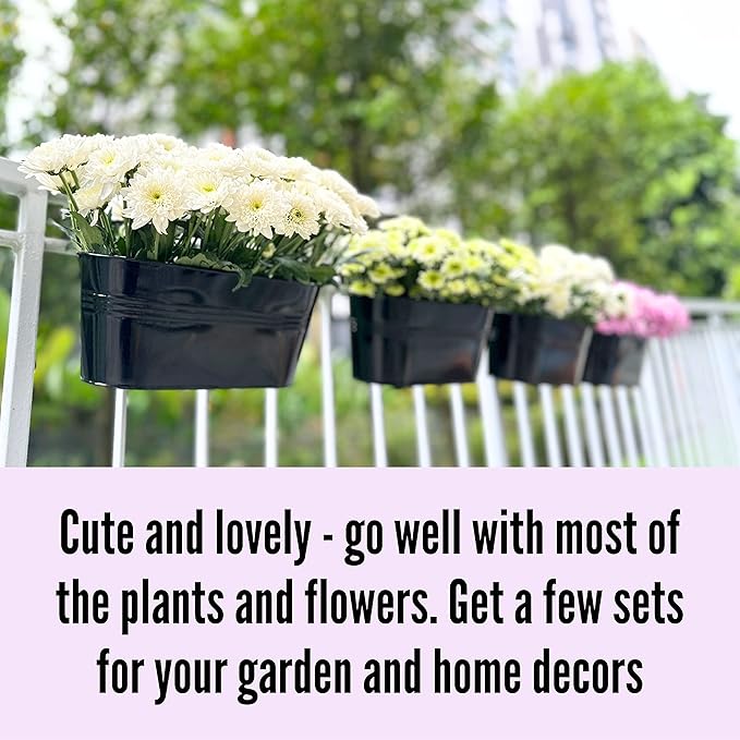 LaLaGreen Railing Planter Outdoor Plants (11.2 Inch, 2 Pack) Black Metal Iron Hanging Flower Pots Deck Rail Fence Hanging Bucket Modern Countryside Style Window Box Plant Holder with Hooks Porch Decor