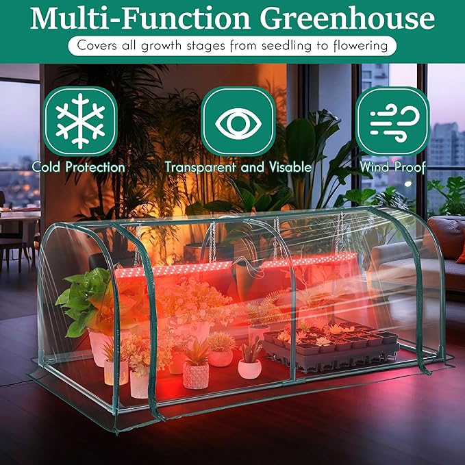Meonum Mini Greenhouse with Grow Light, 51.18 "L x 25.59" W x 21.65" H Portable Greenhouses Waterproof UV-Resistant for Indoor/Outdoor Seed Starting(Dome Shape)