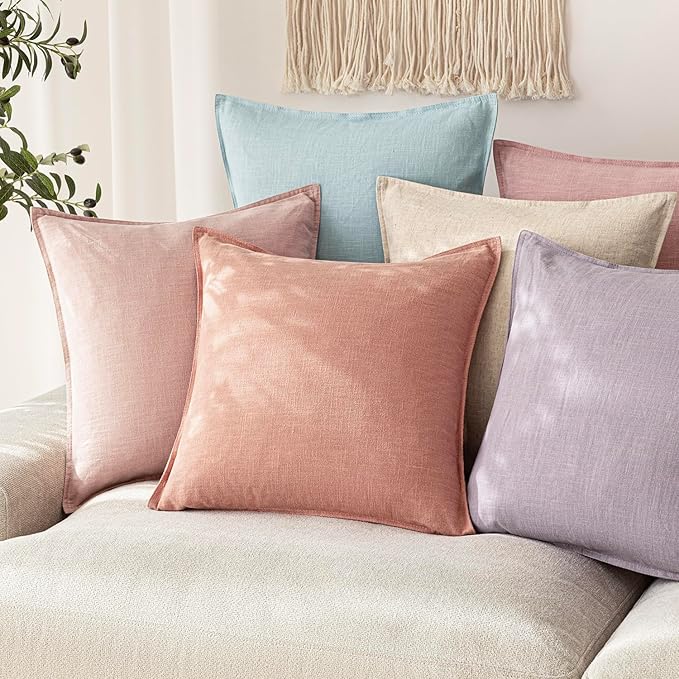 Foindtower Pack of 2, Decorative Linen Soild Throw Pillow Covers Soft Accent Euro Cushion Case Farmhouse Neutral Pillowcase for Chair Couch Sofa Bedroom Living Room Home Decor 20 x 20 Inch Coral Pink