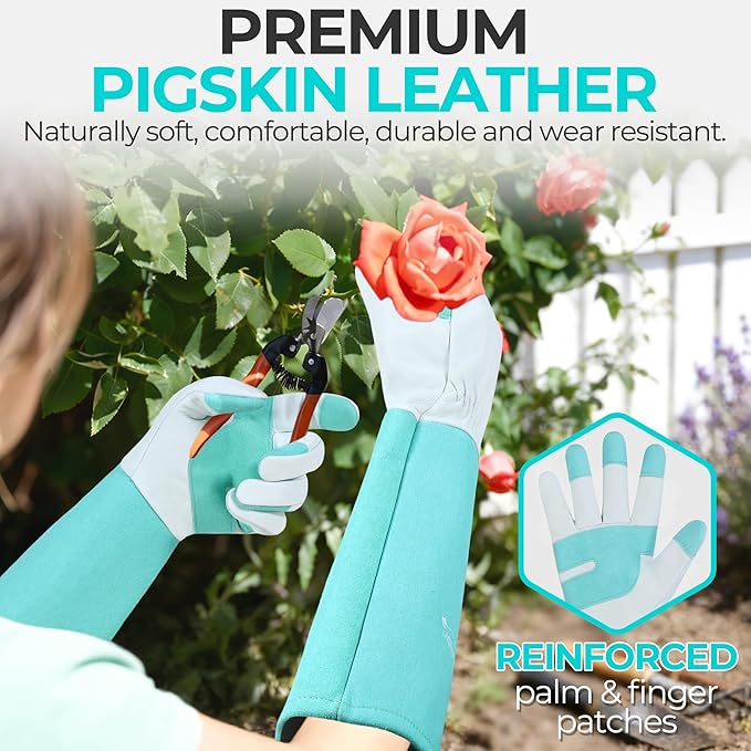 HANDLANDY Long Gardening Gloves for Men & Women, Thorn Proof Rose Pruning Gloves Leather Gauntlets Garden Glove Yard Work Glove (Teal Green, Medium)