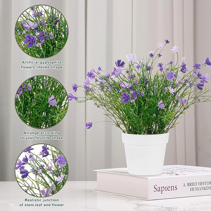 Babys Breath Potted Fake Plants with Flowers Faux Plants Indoor for Home Office Bookshelf Table Farmhouse Room Decor, Purple (Pack of 2)