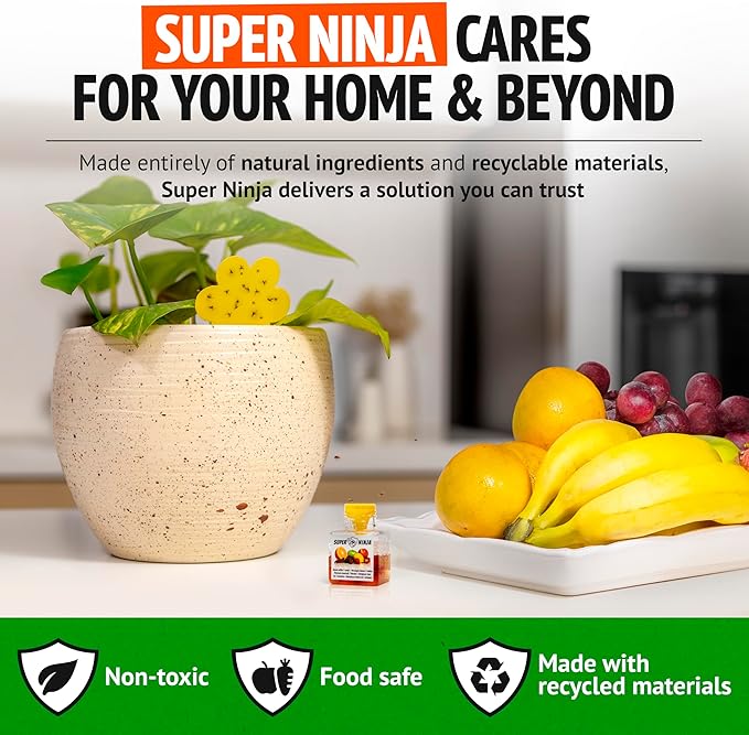 Super Ninja Fungus Gnat & Fruit Fly Traps - 10 Gnat Sticky Traps for Plants & 2 Highly Effective Fruit Fly Catchers for Indoors, Kid & Pet Friendly, Ready to Use, Up to 3 Months of Performance