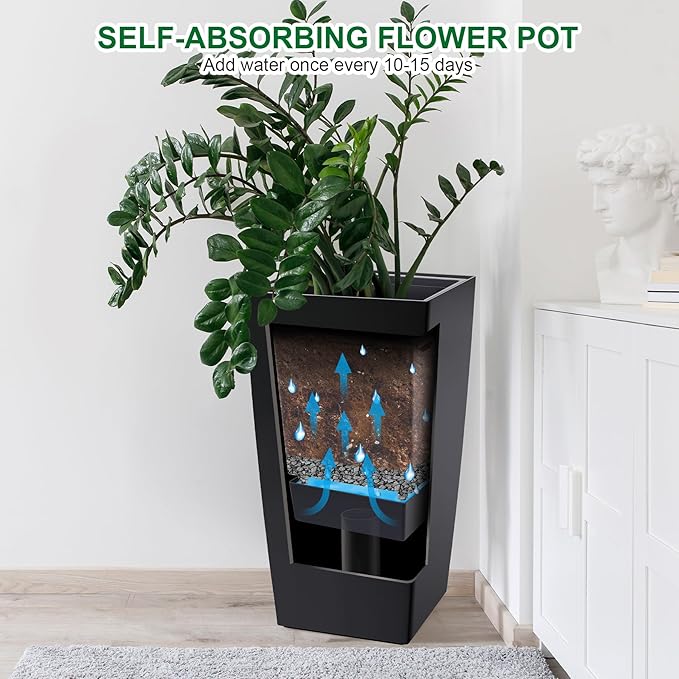 GarveeLife Tall Planters Set of 2 with Water Level Monitor & Drainage Holes Black 30"