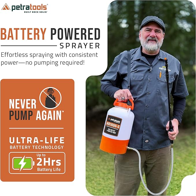PetraTools Battery Powered Sprayer 1 Gallon - HD1000-S - Heavy Duty Electric Sprayers in Lawn and Garden for Weed/Pest Control, Watering & More - with 8 Nozzles & Strap (1 Gallon ProKit)