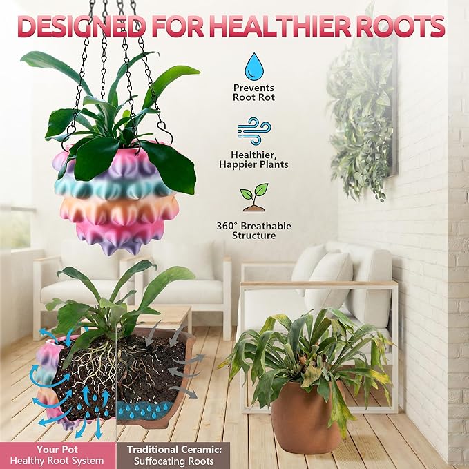 Enhon 7 Inch Hanging Planters for Indoor Plants, Unique Hanging Pots for Plants with Drainage and Hanger Baskets Hangers, Spiked Orb Plant Hanger, Silky Rainbow Finish