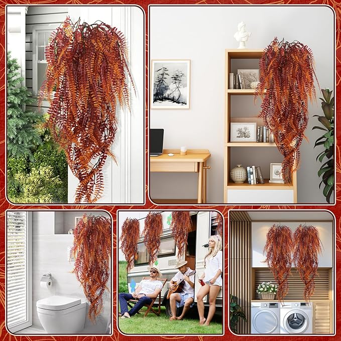 2-Pack Fake Hanging Plants, Faux Hanging Plant Artificial Greenery for Living Room Bedroom Boho Wall Shelf Indoor Outdoor Decor (Red Coreopsis)