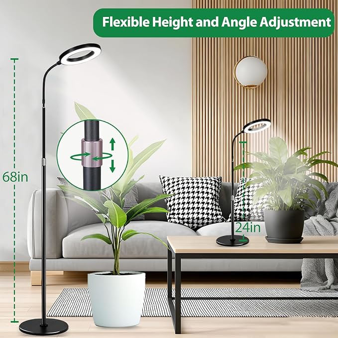 Plant Lights for Indoor Growing, Standing Grow Lights for Indoor Plants, 20w Full Spectrum LED Grow Lamp for Indoor Plants,3/9/12 h Timer,10 Brightness,68" Height Adjustable, Black