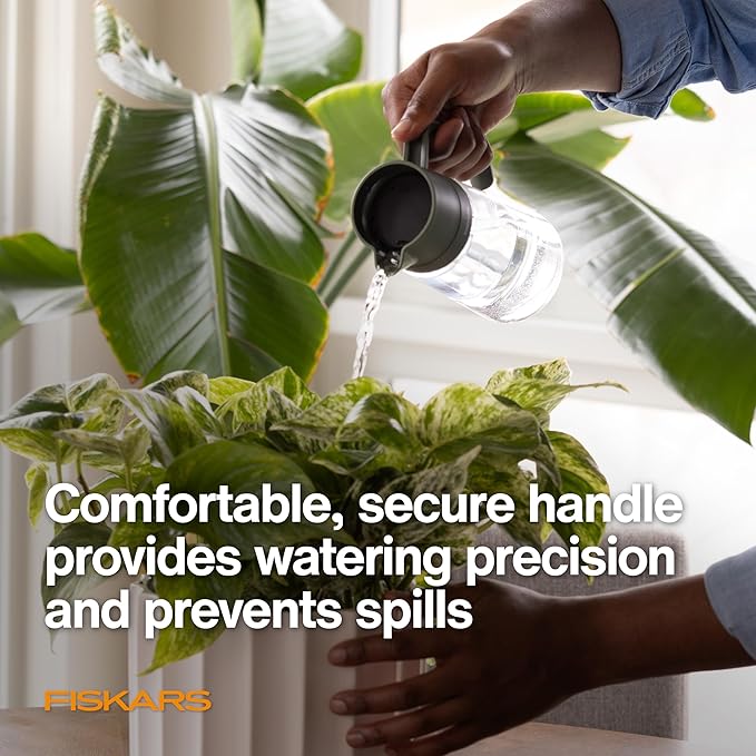 Fiskars Glass Watering Can for Indoor Plants, Small Pitcher for Succulents & Herbs, Easy Fill Top Design and Mess Free Pouring with Narrow Spout for House Plants, Modern Decor Style, 17 oz, Clear