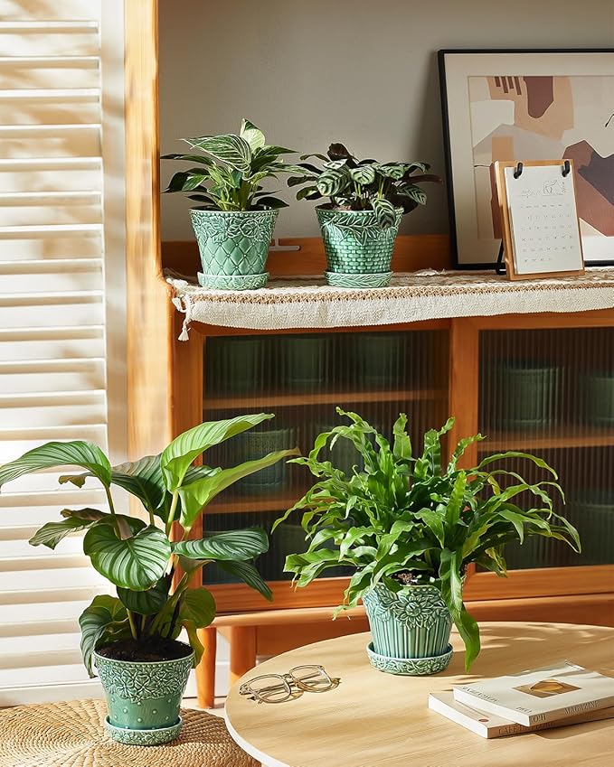Metahom Ceramic Plant Pots, 5.8 Inch Flower Pots for Indoor Plants, Planters with Drainage Hole & Saucer, Green Planters for Succulent, Orchid, Cactus, Home Decor, Set of 4, Green