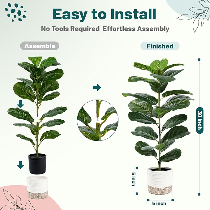 Der Rose 2 Pack 30" Artificial Fiddle Leaf Fig Tree, Mid-Size Realistic Plants Indoor & Outdoor Fake Plants for Apartment Home Living Room Office Decor