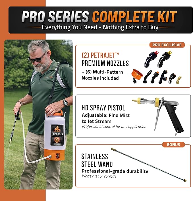 PetraTools Battery Powered Sprayer 2 Gallon – Battery Operated Sprayer for Lawn and Garden, 2 Gallon Sprayer for Weed control, Pest Control, Watering with 9 Spray Nozzles & Gloves (2Gallon Pro Series)