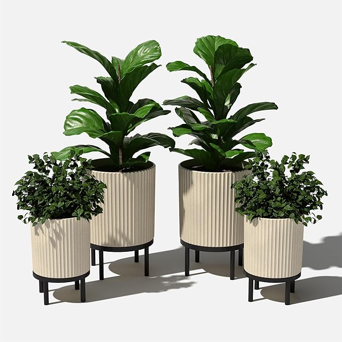 Veradek Demi Series Round Planter w/Stand for Porch/Patio | Durable Plastic-Stone Composite & Wooden Stand | Modern Décor for Tall Plants, Flowers
