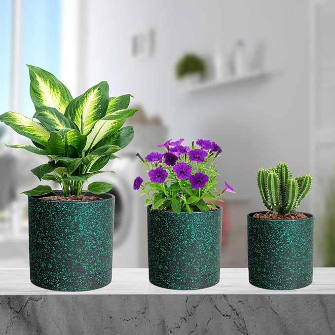 Meowell 6/5/4 inch Plant Pots, 3 Pack Cylinder Flower Pots for Small Indoor Outdoor Plants, Plastic Planters with Drainage Holes and Saucers for Garden Succulent Plants, Black with Green Speckles